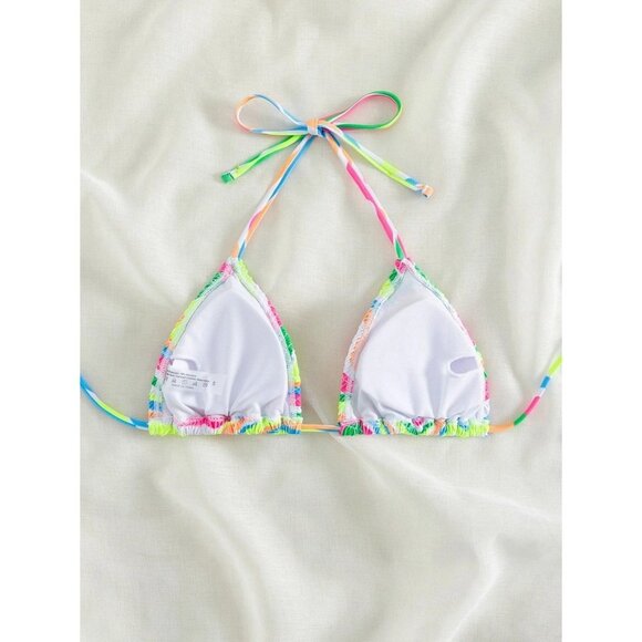 NEW SHEIN Striped Smocked Halter Triangle Bikini Top Size M - Picture 2 of 9